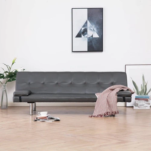 Sofa Bed with Two Pillows Gray Faux Leather - Image 9
