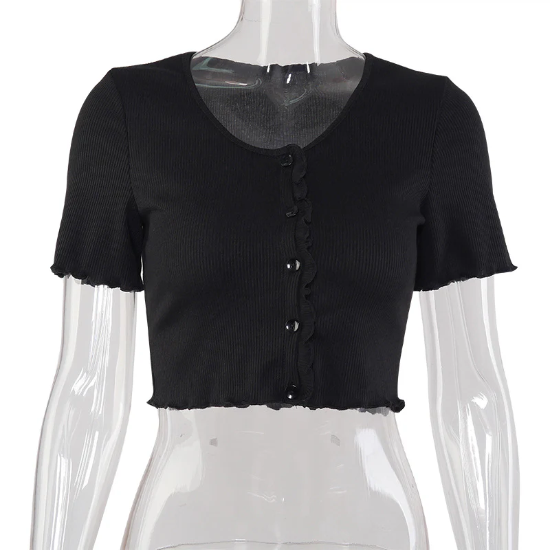 V Neck Ruffles Short Sleeve T Shirt Women Summer Casual Button Crop Top Basic Blue T Shirt Tops - Image 7